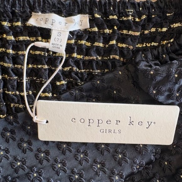 Girls Black Gold Metallic Threading Dress Short Puff Sleeves (7) NWT New Year - Picture 3 of 7